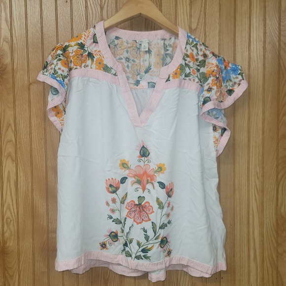 Cato Tops - Cato Womens XL Floral Flutter Sleeve Blouse White Pink Striped Trim Boho Top